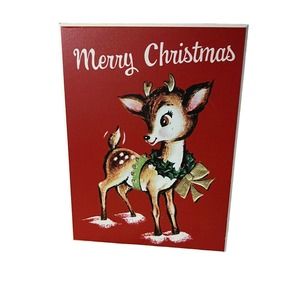 NEW Retro Nostalgic Christmas Reindeer Wood Sign Tabletop Wall Hanging 8”x6”